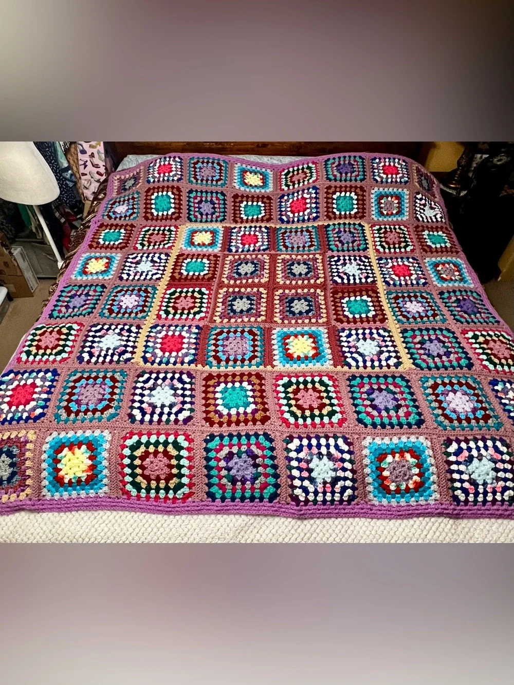 Handmade Granny Square Blanket Crochet Blanket Afghan Multicolor Queen 74“ x 74“